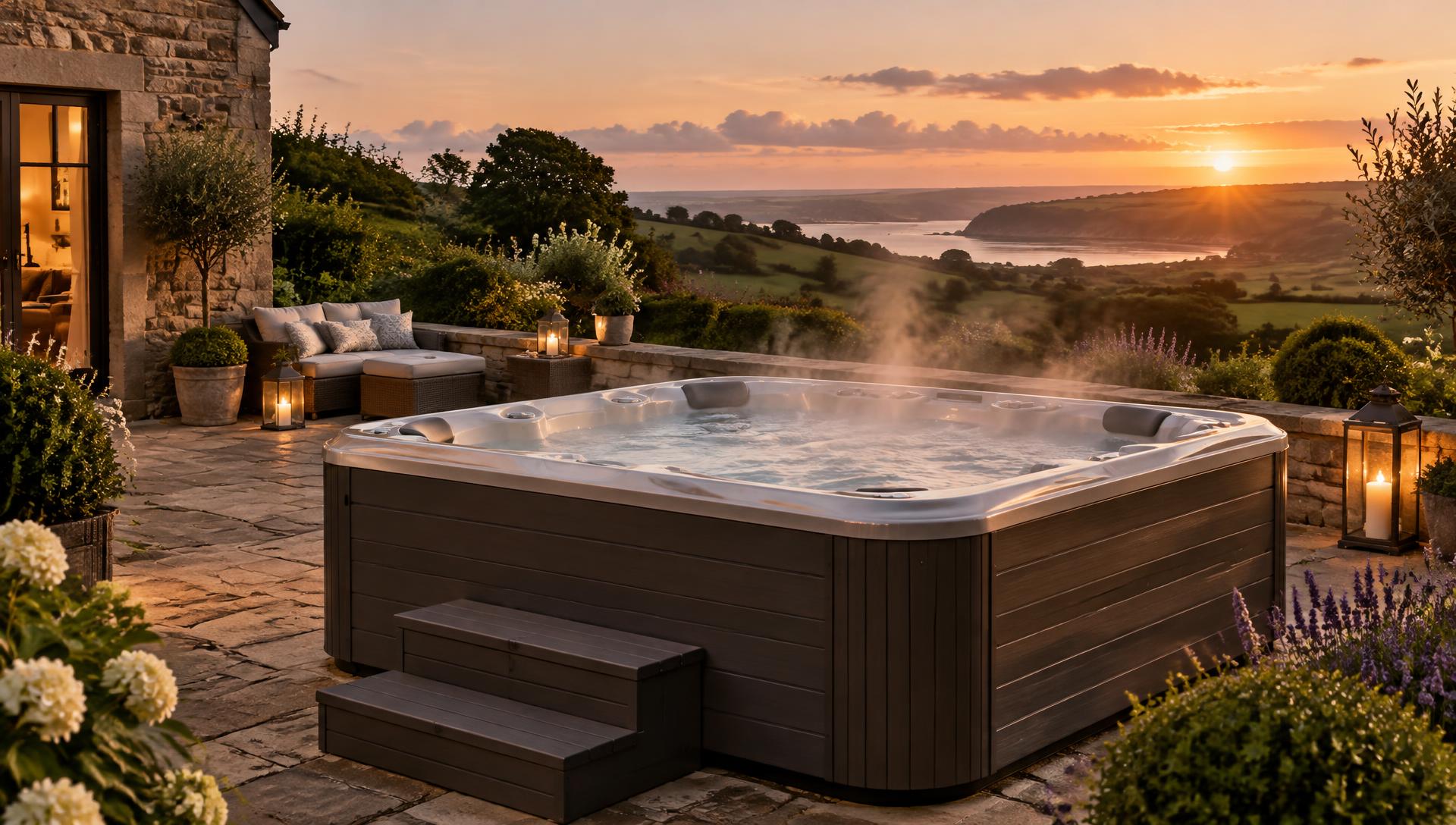 Luxury hot tub on a stone terrace at sunset in the South West countryside