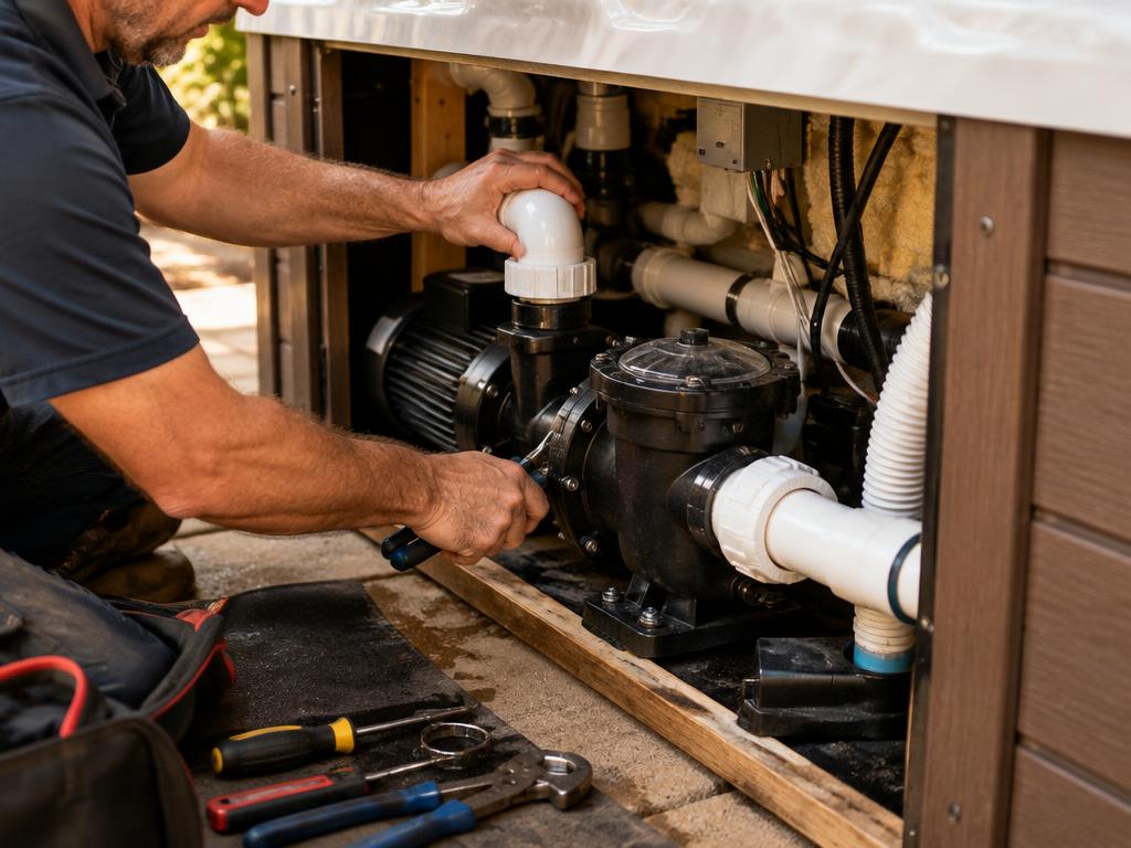 Engineer repairing hot tub pump and plumbing
