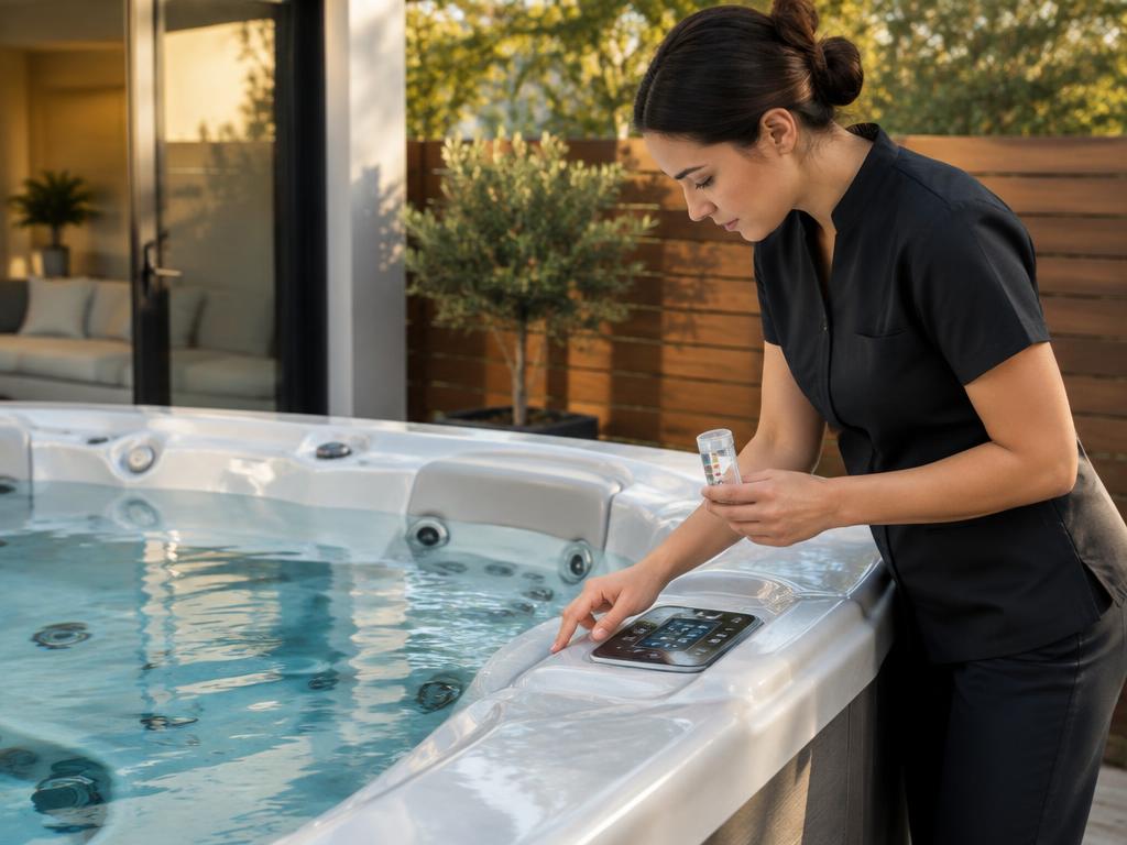Engineer testing hot tub water during a service visit