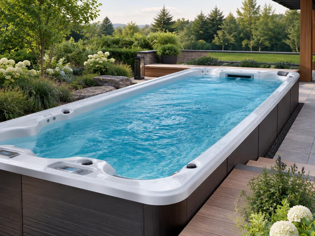 Luxury swim spa with clear blue water in a landscaped garden